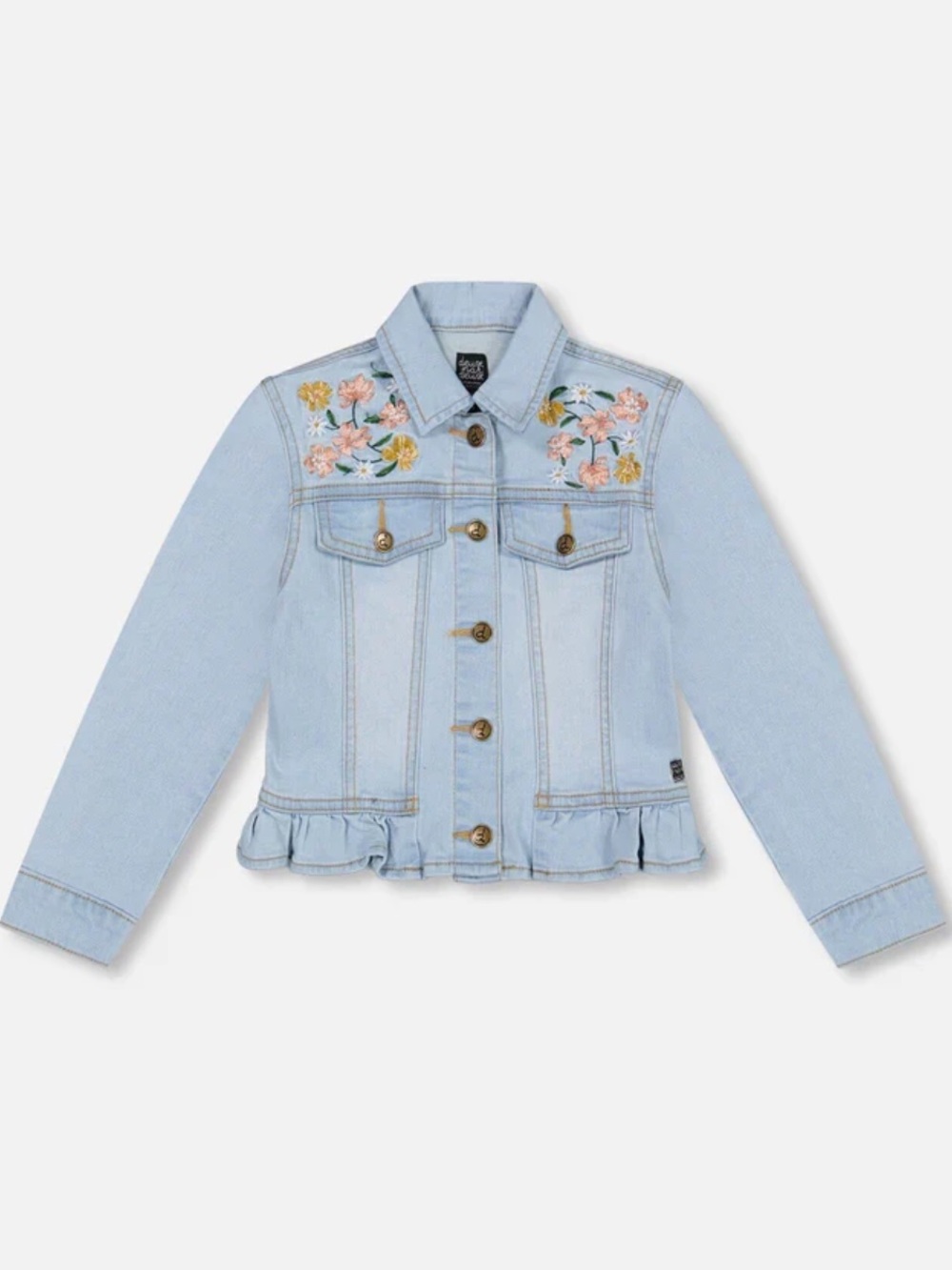 deux par deux Girls Light Blue Denim Jacket with Floral Embroidery (Size 14)